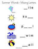 Summer Words- Missing Letters Coloring Page