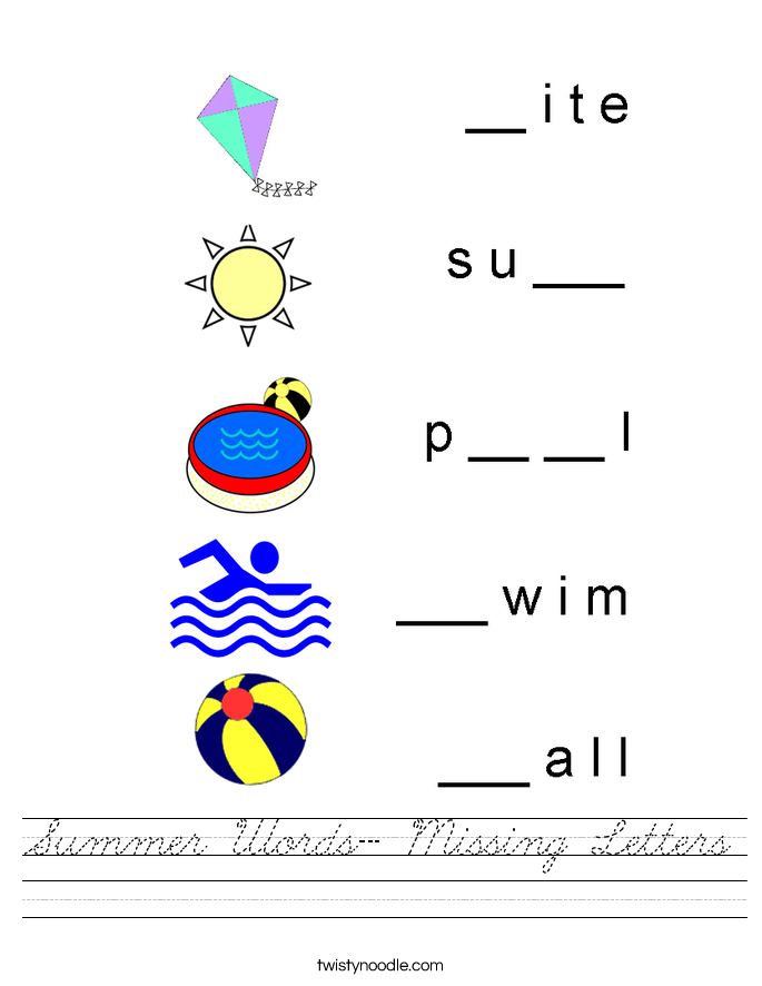 summer words missing letters worksheet cursive twisty noodle