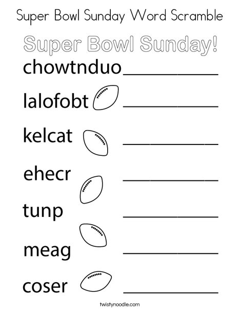 Super Bowl Sunday Word Scramble Coloring Page