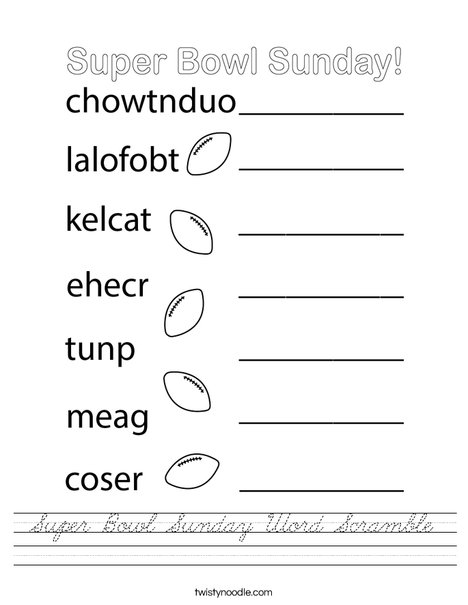 Super Bowl Sunday Word Scramble Worksheet