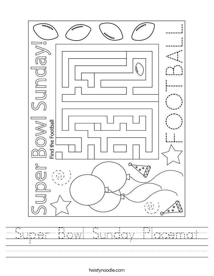 Super Bowl Sunday Placemat Worksheet