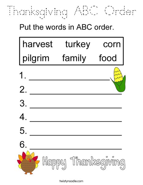 Thanksgiving ABC Order Coloring Page