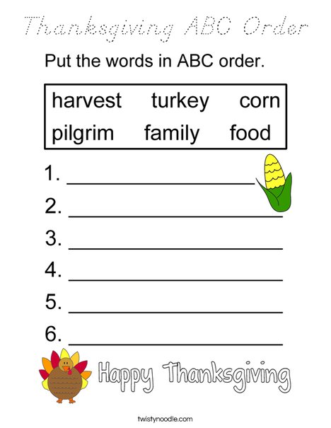 Thanksgiving ABC Order Coloring Page