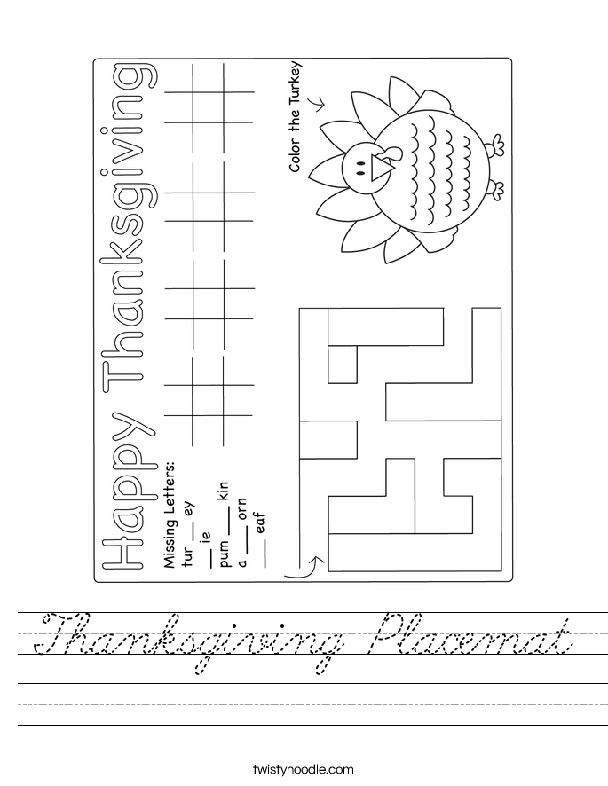 Thanksgiving Placemat Worksheet