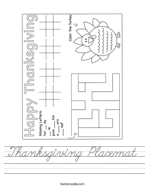 Thanksgiving Placemat Worksheet
