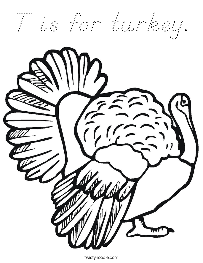 T is for turkey. Coloring Page
