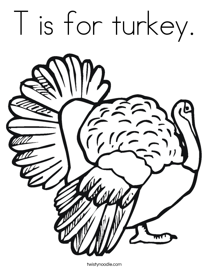 T is for turkey. Coloring Page