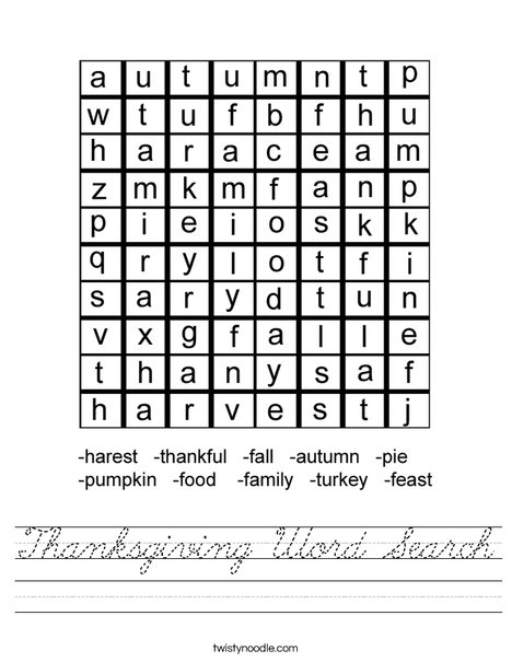 Thanksgiving Word Search Worksheet