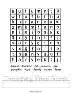 Thanksgiving Word Search Handwriting Sheet