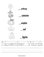 November Words Handwriting Sheet