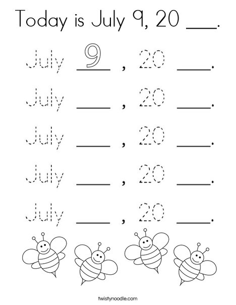 Today is July 9, 20 ___. Coloring Page