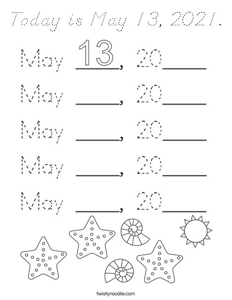 Today is May 13, 2021 Coloring Page - D'Nealian - Twisty Noodle