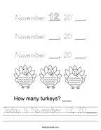 Today is November 12, 20___ Handwriting Sheet
