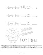 Today is November 13, 20___ Handwriting Sheet