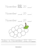 Today is November 22, 20___ Handwriting Sheet
