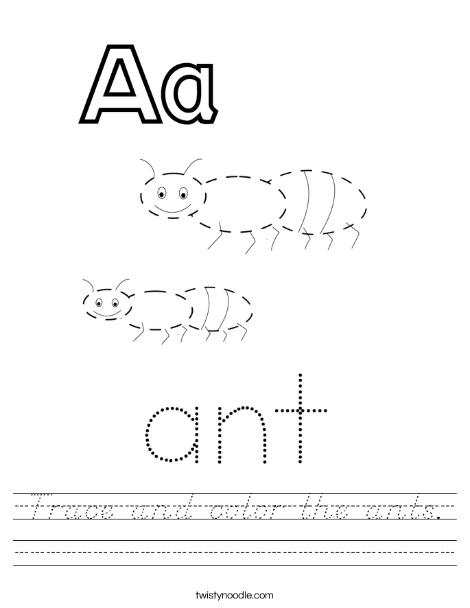 Trace and color the ants. Worksheet