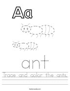 Trace and color the ants Handwriting Sheet