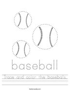 Trace and color the baseballs Handwriting Sheet