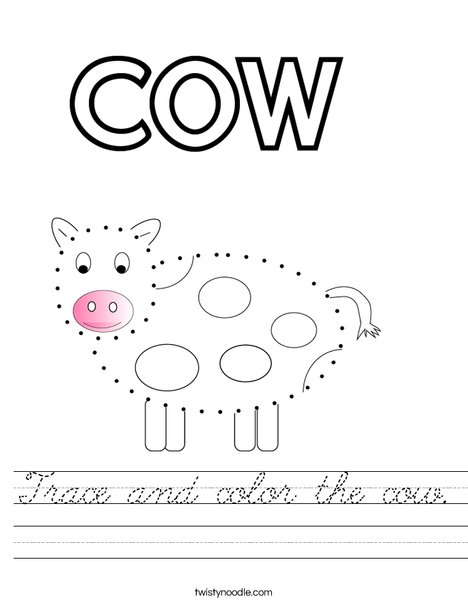 Trace and color the cow. Worksheet