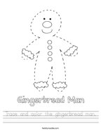 Trace and color the gingerbread man Handwriting Sheet