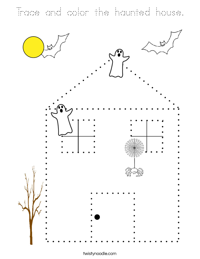 Trace and color the haunted house. Coloring Page