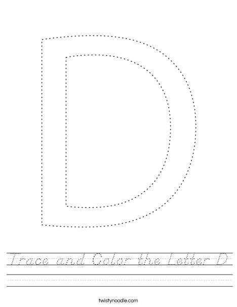 trace and color the letter d worksheet dnealian twisty noodle