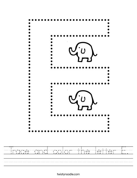 trace and color the letter e worksheet twisty noodle