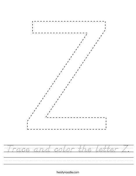 trace and color the letter z worksheet dnealian twisty noodle