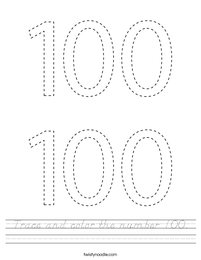 trace and color the number 100 worksheet dnealian