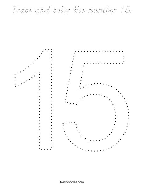 Trace and color the number 15 Coloring Page - D'Nealian - Twisty Noodle