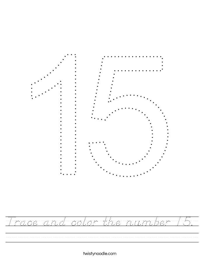 trace and color the number 15 worksheet dnealian
