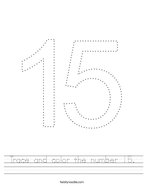 Trace and color the number 15 Handwriting Sheet