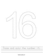 Trace and color the number 16 Handwriting Sheet