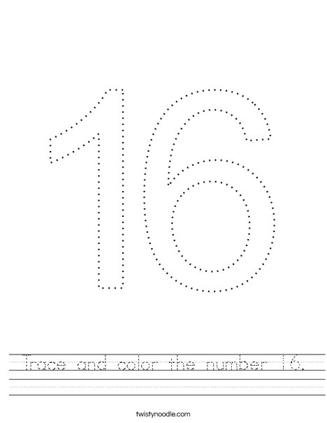 Trace and color the number 16. Worksheet