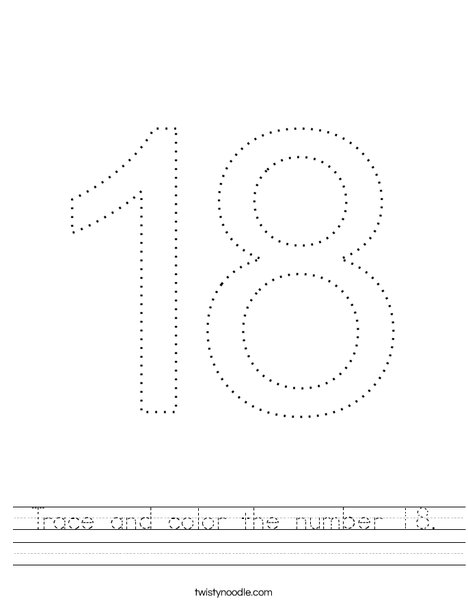trace and color the number 18 worksheet twisty noodle