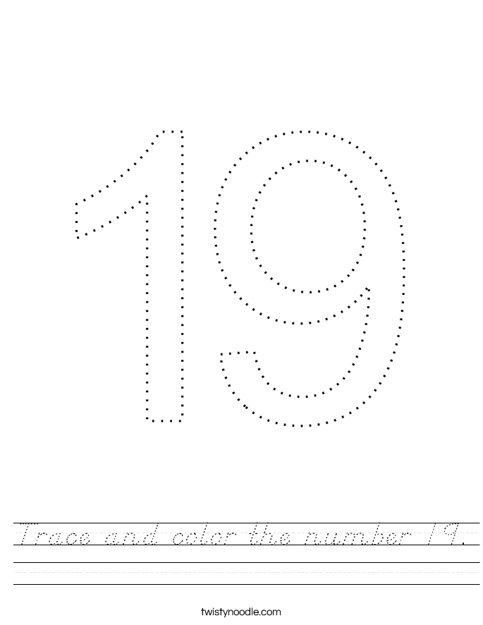 Trace and color the number 19. Worksheet
