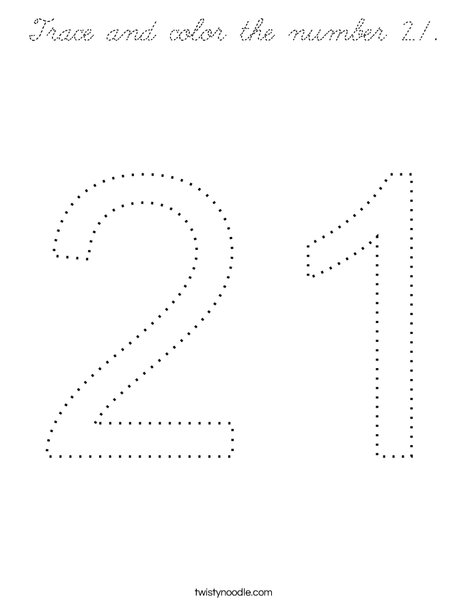 trace and color the number 21 coloring page cursive twisty noodle
