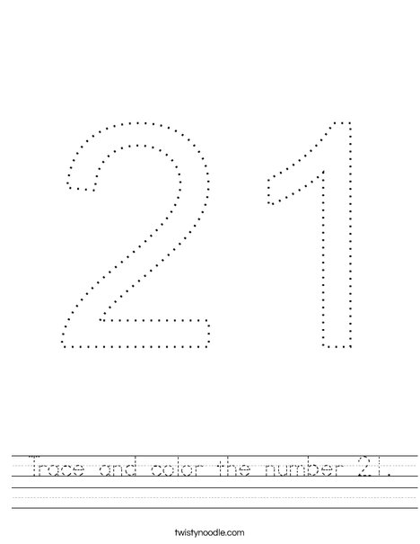 trace and color the number 21 worksheet twisty noodle