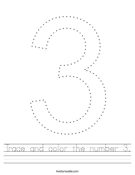 trace and color the number 3 worksheet twisty noodle