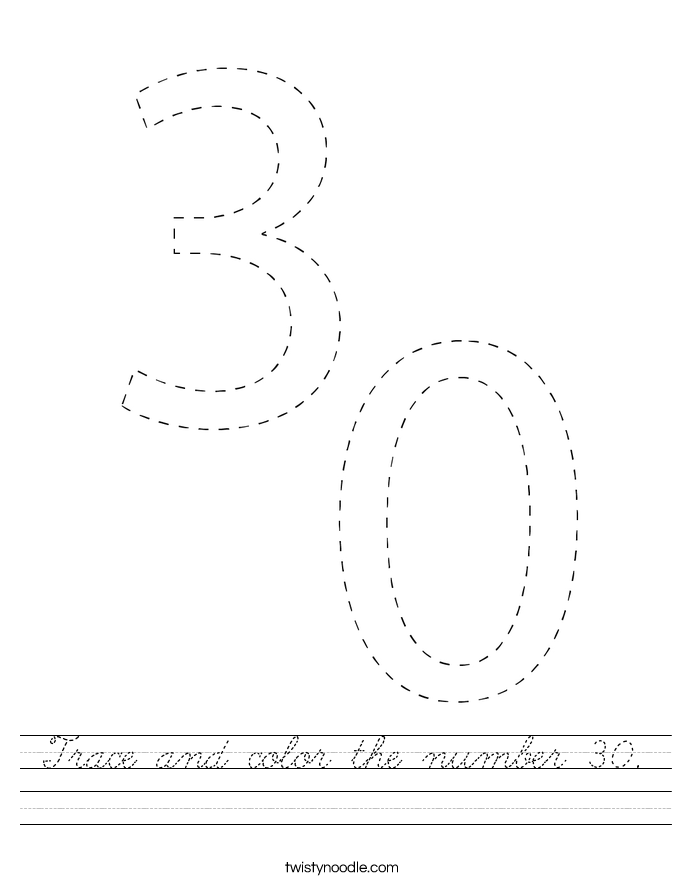 Trace and color the number 30. Worksheet