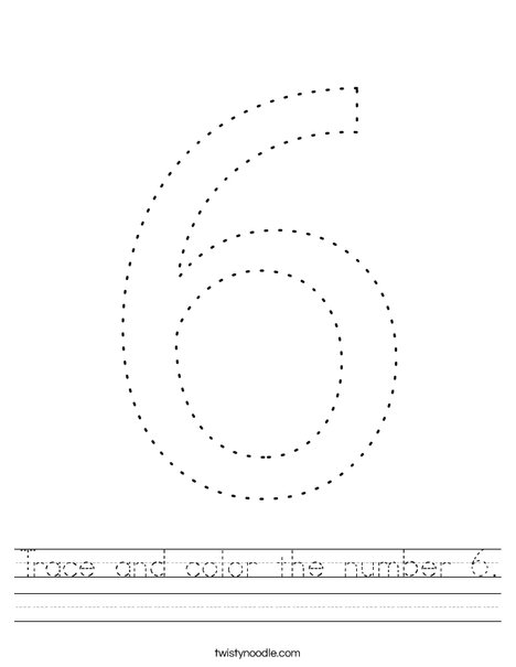 trace and color the number 6 worksheet twisty noodle
