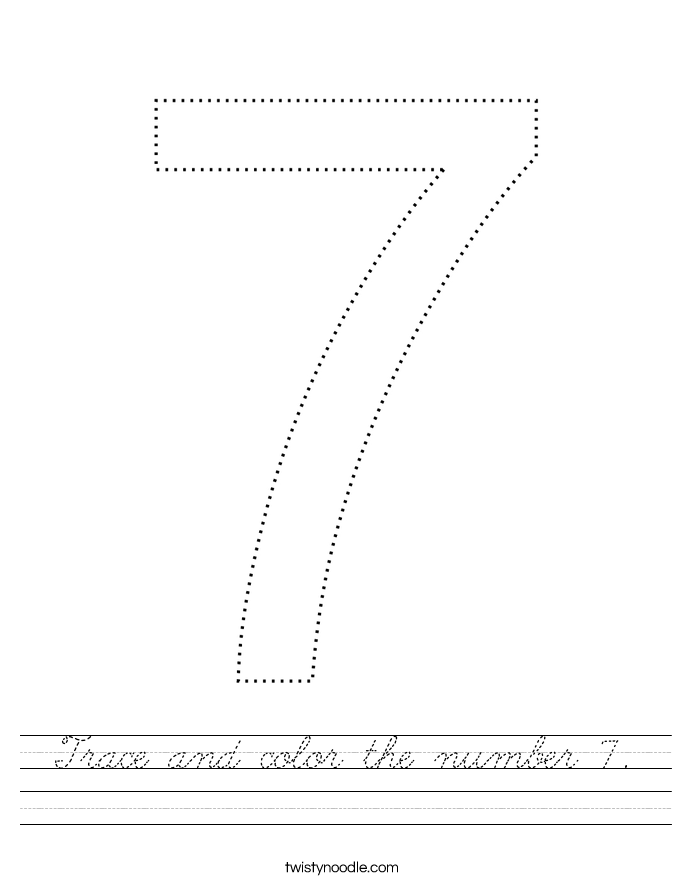 trace and color the number 7 worksheet cursive twisty noodle