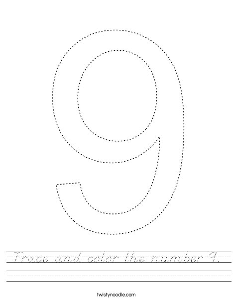 trace and color the number 9 worksheet dnealian