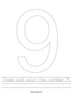 Trace and color the number 9 Handwriting Sheet