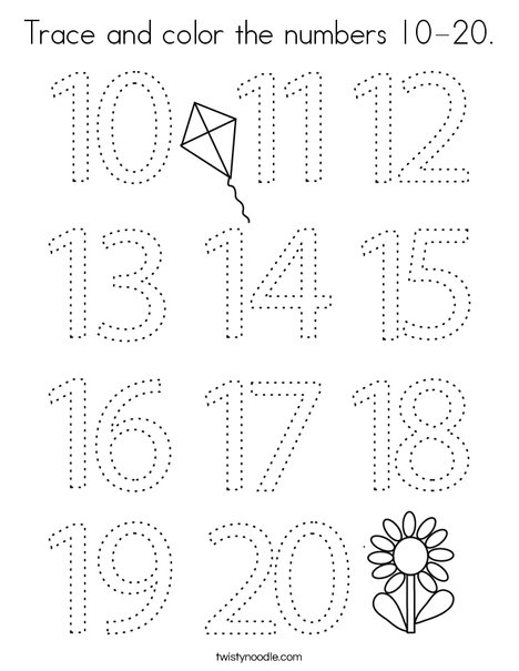 Trace and color the numbers 10-20. Coloring Page