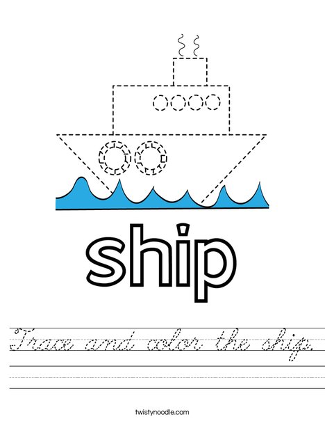 trace and color the ship worksheet cursive twisty noodle