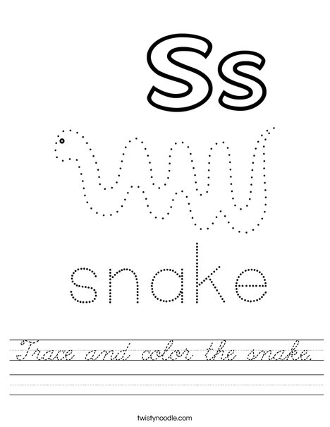 Trace and color the snake Worksheet - Cursive - Twisty Noodle