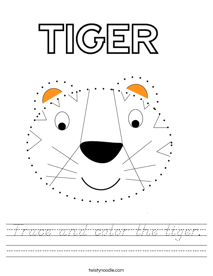Trace and color the tiger Worksheet - D'Nealian - Twisty Noodle
