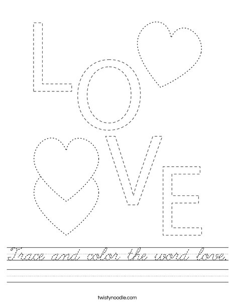 Trace and color the word love. Worksheet