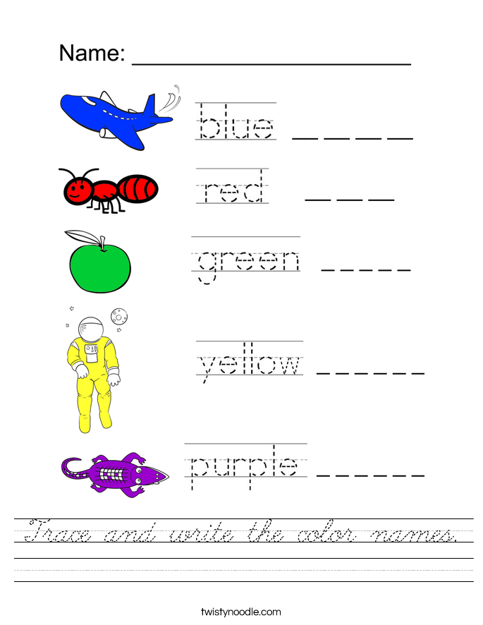 Trace and write the color names. Worksheet